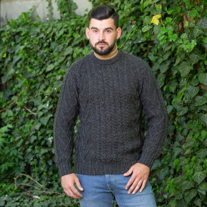 Mens Traditional Aran Crew Neck Sweater MM202 Charcoal SAOL Knitwear Front View