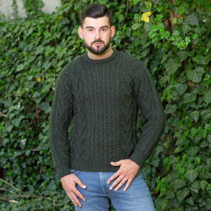 Mens Traditional Aran Crew Neck Sweater MM202 Army Green SAOL Knitwear Front View