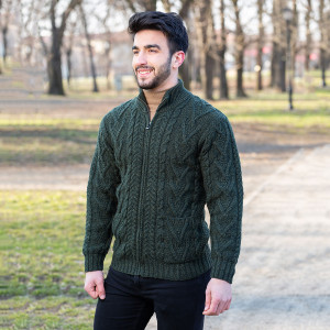 Mens Zipper Cardigan MM205 Army Green SAOL Knitwear Front View