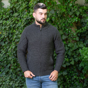 Full Zip Mens Cable Knit Cardigan MM223 Charcoal SAOL Knitwear Front View