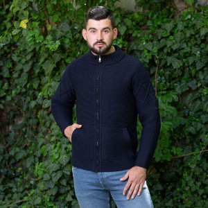 Full Zip Mens Cable Knit Cardigan MM223 Navy Blue SAOL Knitwear Front View