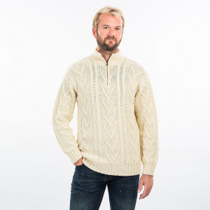 Mens Zip Neck Fisherman Sweater MM204 Natural White SAOL Knitwear Front View