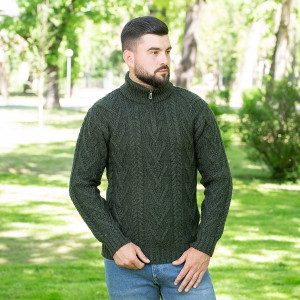Mens Zip Neck Fisherman Sweater MM204 Army Green SAOL Knitwear Front View