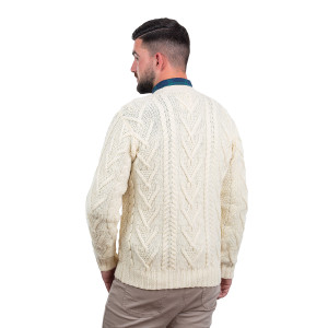 Mens V Neck Cable Cardigan MM201 Natural White SAOL Knitwear Reverse View