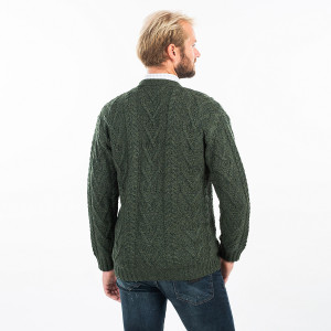 Mens V Neck Cable Cardigan MM201 Army Green SAOL Knitwear Reverse View