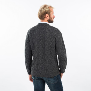 Mens V Neck Cable Cardigan MM201 Charcoal SAOL Knitwear Reverse View