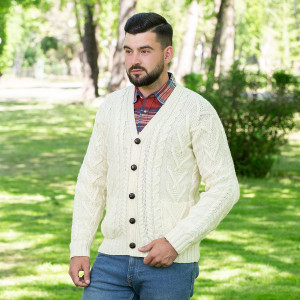 Mens V Neck Cable Cardigan MM201 Natural White SAOL Knitwear Front View