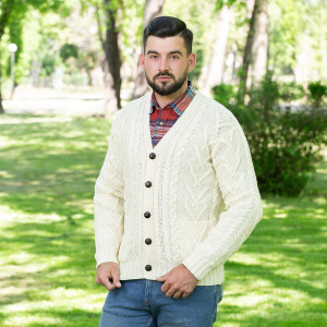 Mens V Neck Cable Cardigan MM201 Natural White SAOL Knitwear Front View