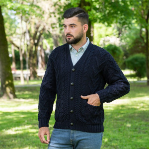 Mens V Neck Cable Cardigan MM201 Navy Blue SAOL Knitwear Front View