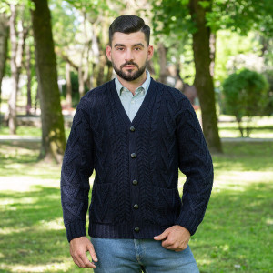 Mens V Neck Cable Cardigan MM201 Navy Blue SAOL Knitwear Front View