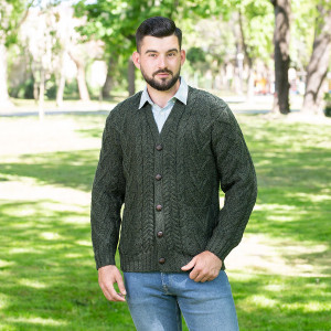 Mens V Neck Cable Cardigan MM201 Army Green SAOL Knitwear Front View