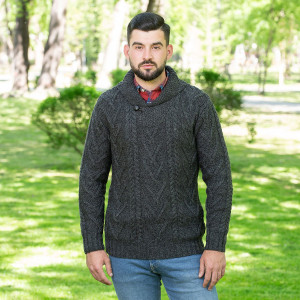 Mens Shawl Collar Single Button Sweater MM203 Charcoal SAOL Knitwear Front View