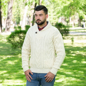 Mens Shawl Collar Single Button Sweater MM203 Natural White SAOL Knitwear Front View