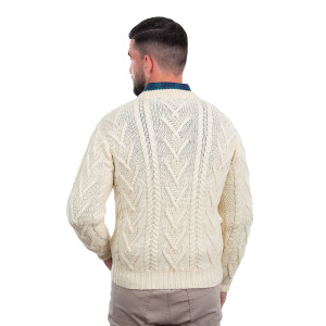 Mens Merino Aran Sweater MM208 Natural White SAOL Knitwear Reverse View