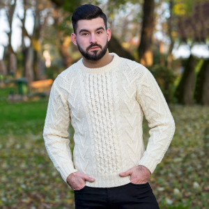 Mens Merino Aran Sweater MM208 Natural White SAOL Knitwear Front View