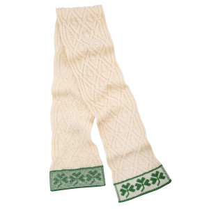 Traditional Irish Shamrock Aran Wool Scarf ML200 Natural White SAOL Knitwear