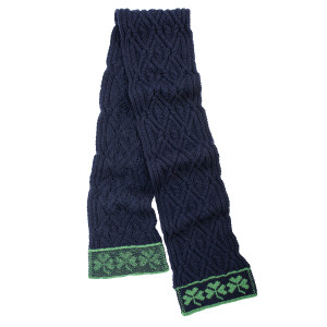 Traditional Irish Shamrock Aran Wool Scarf ML200 Navy Blue SAOL Knitwear