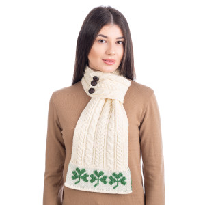 Aran Loop Scarf featuring Shamrock Pattern ML250 Natural White SAOL Knitwear