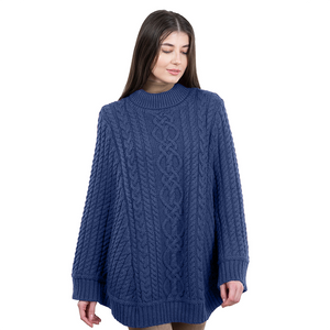 Ladies Cable Knit Poncho ML165-106 Marl Blue Saol.ie