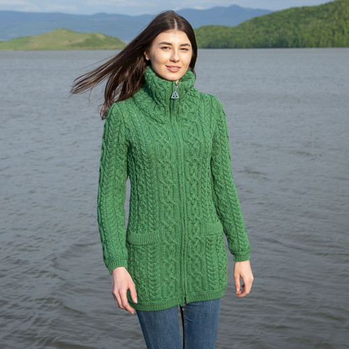 Soft Touch Ladies Aran Zip Cardigan ML114 Green SAOL Knitwear Front View