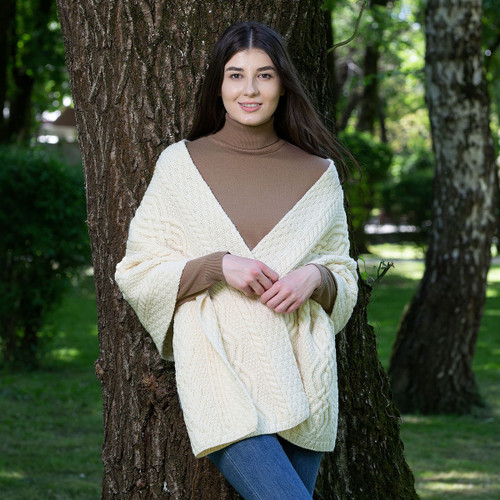 Classic Cable Wool Wrap ML124 Natural White SAOL Knitwear Front View