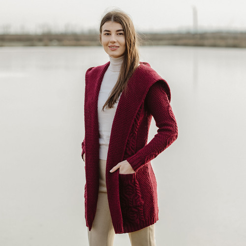Ladies Classic Fit Long Cardigan with Hood ML116 Wine SAOL Knitwear Side View