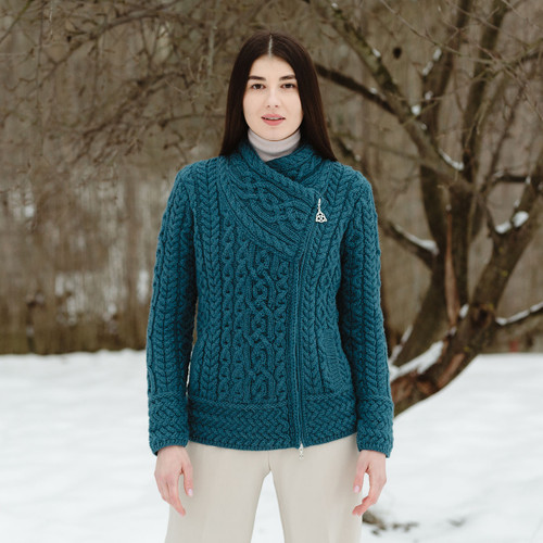 Cable Knit Side Zip Cardigan ML136 Teal SAOL Knitwear Front View