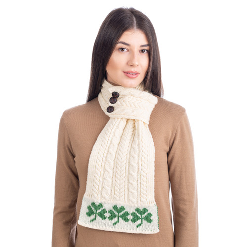 Aran Loop Scarf featuring Shamrock Pattern ML250 Natural White SAOL Knitwear