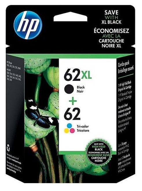 HP N9H67FN, 62XL Ink 2 Pack - 62XL Black -6000 & HP 62 Tri-Color - 165