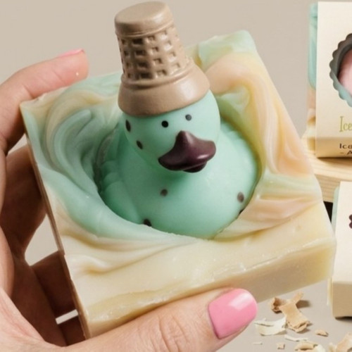 Ice Cream Suds handmade novelty soap bar with ice cream-themed rubber duck toy, olive oil and shea butter soap, colorful pastel swirls, and fun summer dessert design.