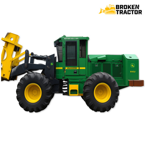 John Deere 643L Grapple Skidder hauling logs on forest trail