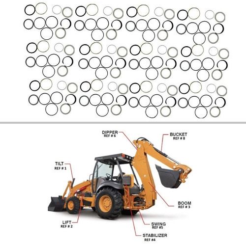 A complete Case Hydraulic Cylinder Seal Kit Package, made in the USA, compatible with Case 580K and 580 Super K models, featuring multiple seal kits and bore size options. Broken Tractor