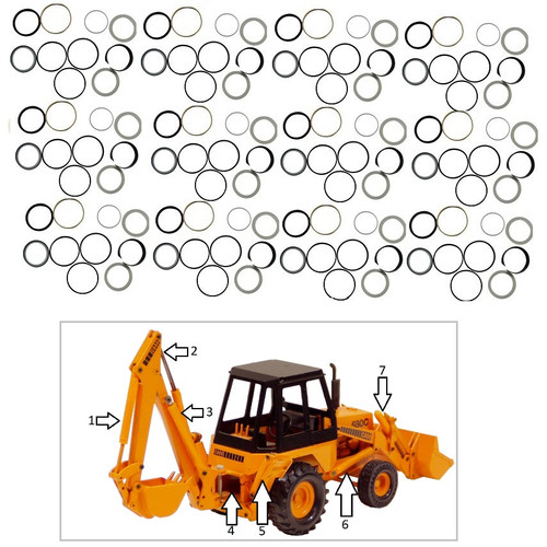 Case 580C Hydraulic Cylinder Seal Kit showcasing all included components.