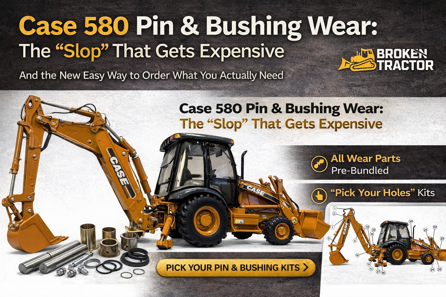 Case 580 Pin & Bushing Wear: The “Slop” That Gets Expensive (and the New Easy Way to Order What You Actually Need)