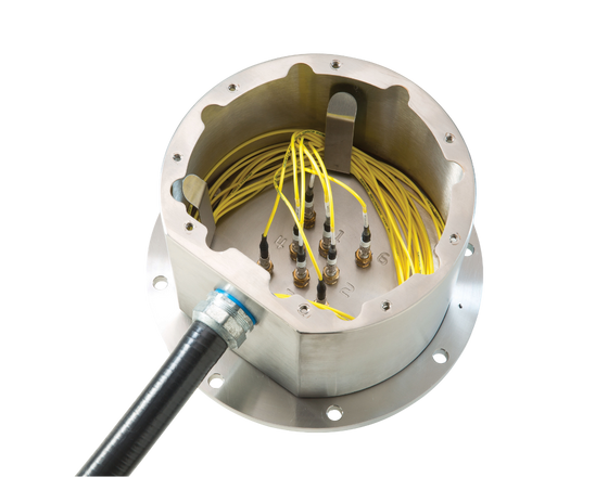 Neoptix JB2-SS junction box protects fiber optic cables at transformer tank walls, ensuring secure routing and easy access for reliable monitoring systems.