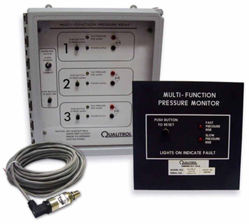 Multi-function, electronic pressure monitor with adjustable pressure sensitive sensors that provide rapid pressure rise detection combined with seal-in relay functionality and static pressure monitoring and control