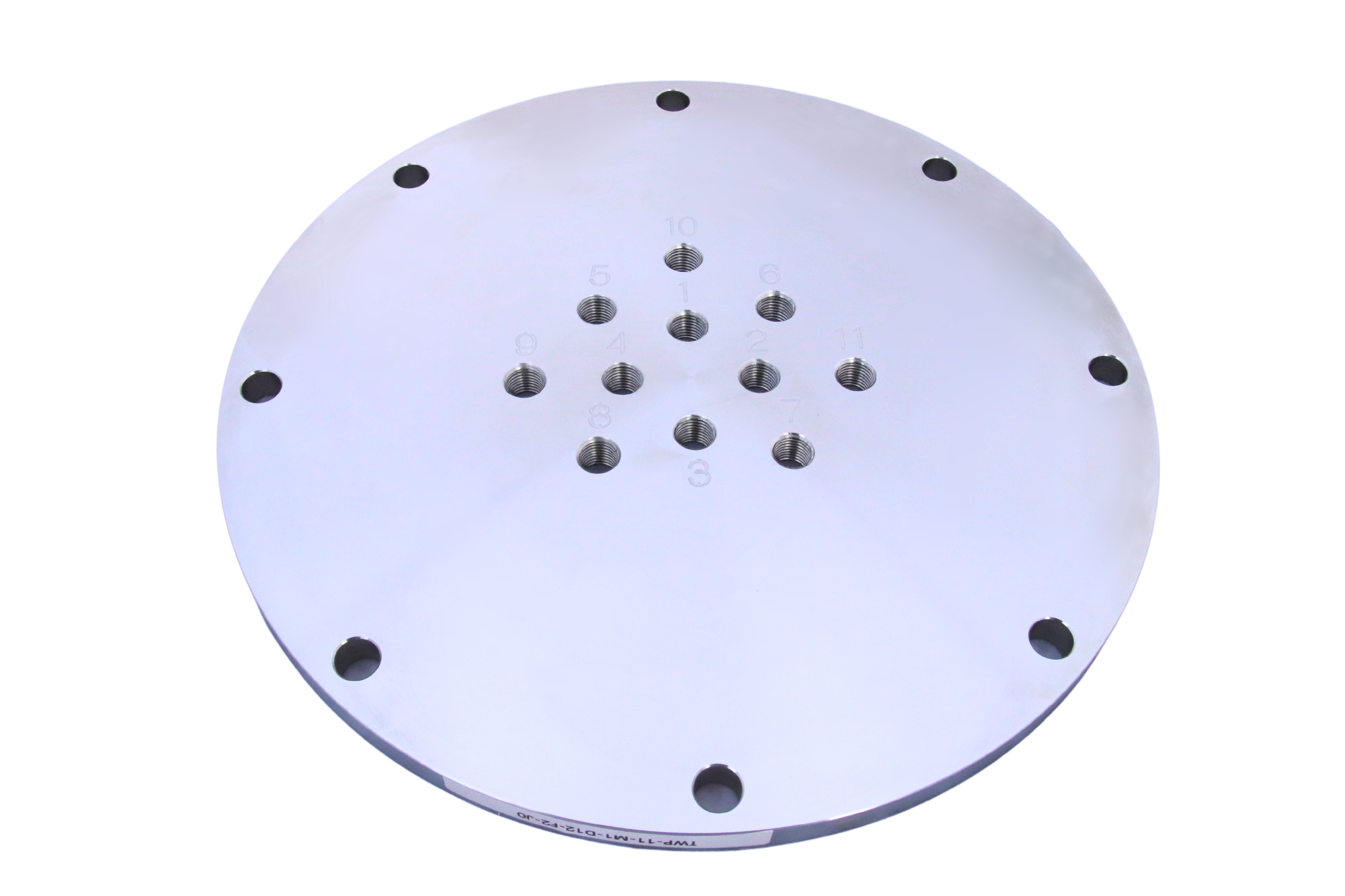 Neoptix Tank Wall Plate (TWP) in stainless steel with engraved ports, designed for mounting fiber optic sensors on transformer tank walls.
