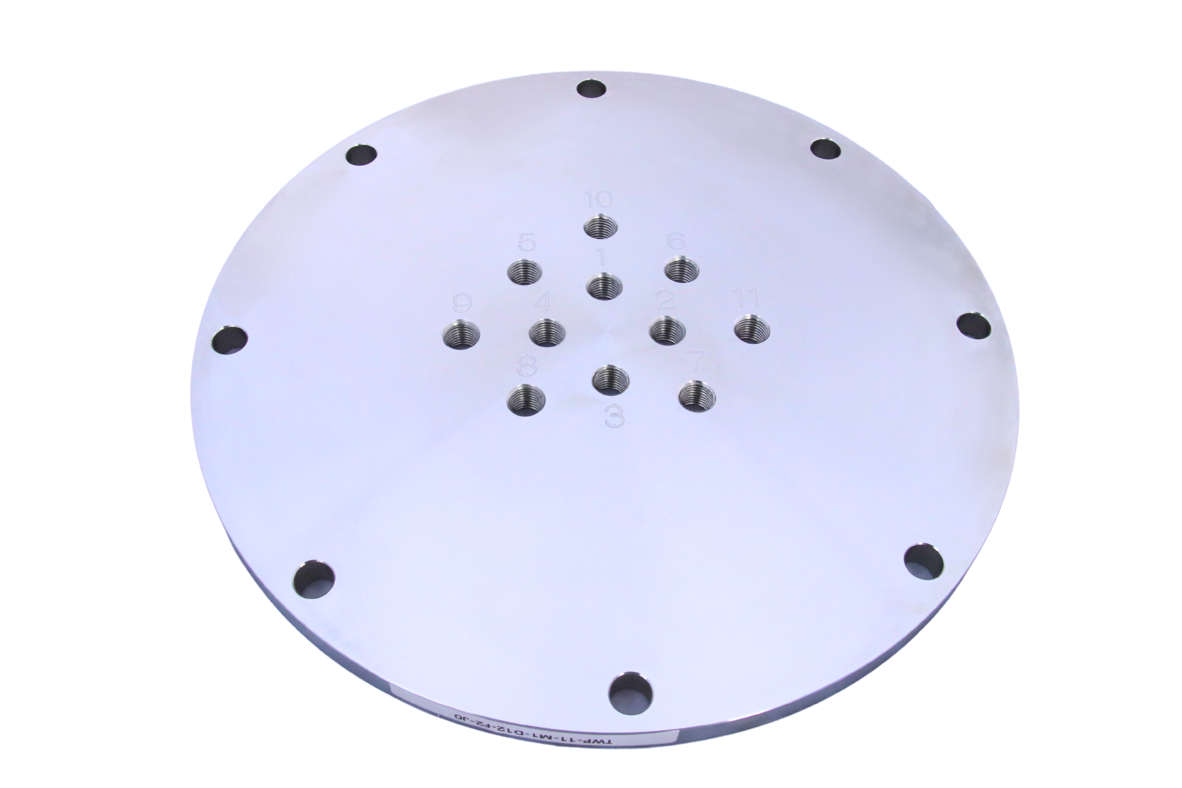 Neoptix Tank Wall Plate (TWP) in stainless steel with engraved ports, designed for mounting fiber optic sensors on transformer tank walls.