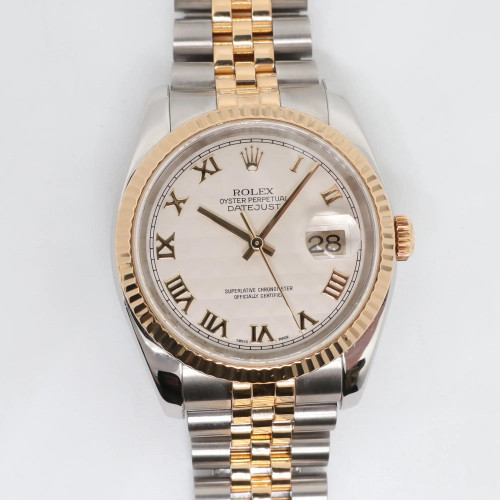 Rolex Datejust 36 18K Yellow Gold Steel Ivory Dial Automatic Mens Watch 116233