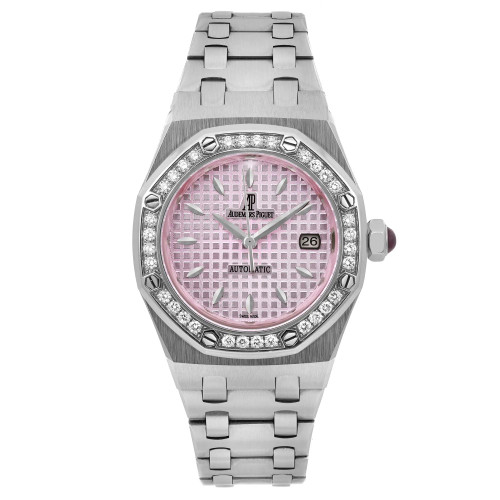 An image of a pre-owned Audemars Piguet Lady Royal Oak 33mm women's wristwatch captured from the front at a straight angle. The watch features a pink dial with a grid pattern, enclosed within a diamond-studded bezel. The stainless steel bracelet and case are prominently displayed, with the date visible on the right side of the dial.