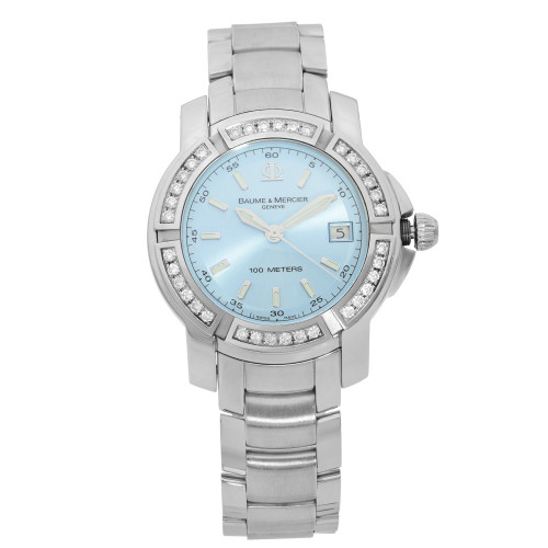An image of a Wristwatch by Baume & Mercier. This Pre Owned item is designed for Women, featuring a Dress/Formal style. It has a Quartz movement and an Analog display with a Blue dial color. The indices include Sticks. The band is made of Stainless Steel and the case is made of Stainless Steel. The watch has a Round shape with a case size of 36 mm and a case thickness of 12 mm.