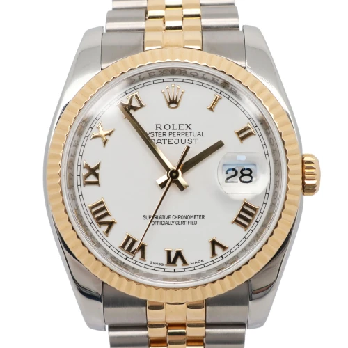 2000s Rolex 116233 Datejust 36mm Steel 18K Yellow Gold White Roman Dial Watch