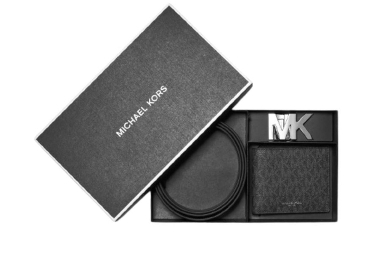 MICHAEL KORS MENS GIFTING 3 in 1 MK Signature Black Wallet BILLFOLD BOX SET