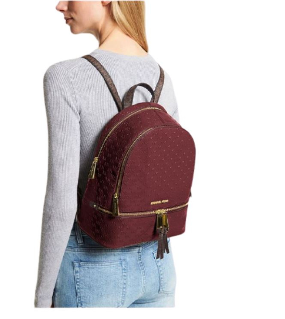 NWT Michael Kors Signature Rhea Zip Medium Backpack Bag Pleated Crimson Red  Gold