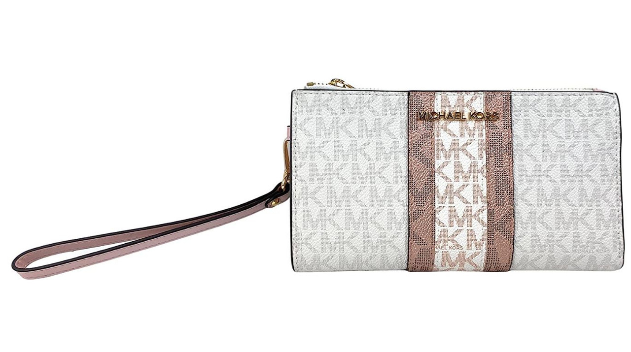 Michael Kors Jet Set Travel Large Double Zip Wristlet in Signature Canvas  (Powder Blush Multi) 35F2GTVW3B-424 - AllGlitters