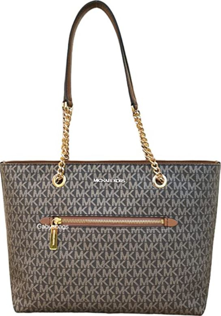 Michael Kors White Beige Coated Canvas and Leather Medium Jet Set Tote