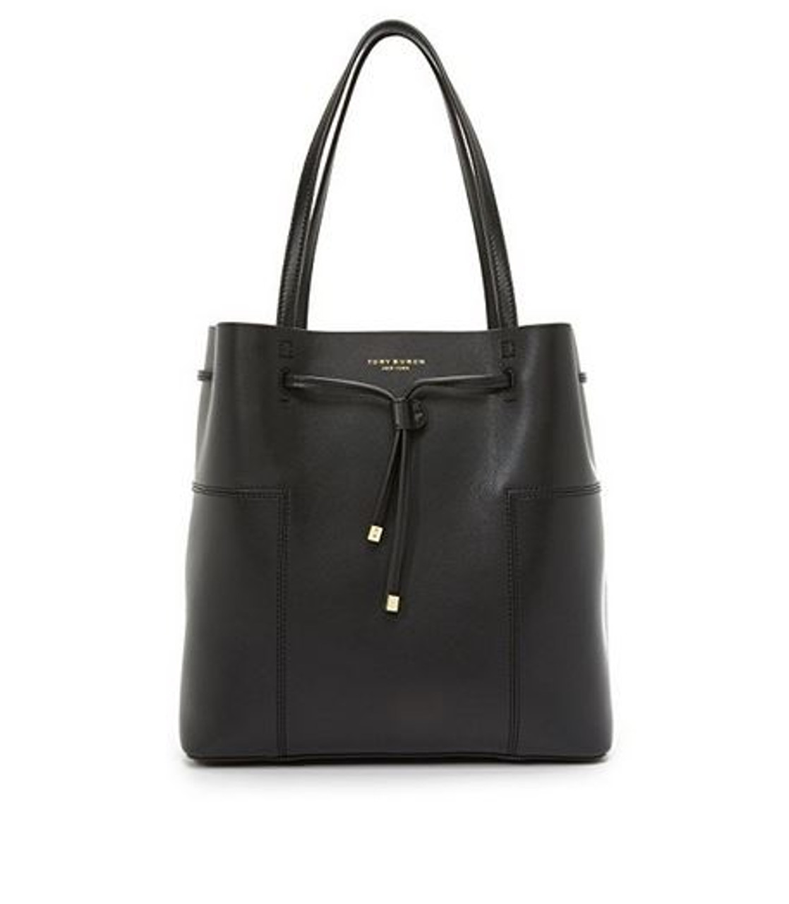 Tory Burch Mini T Monogram Perforated Leather Bucket Bag in Black