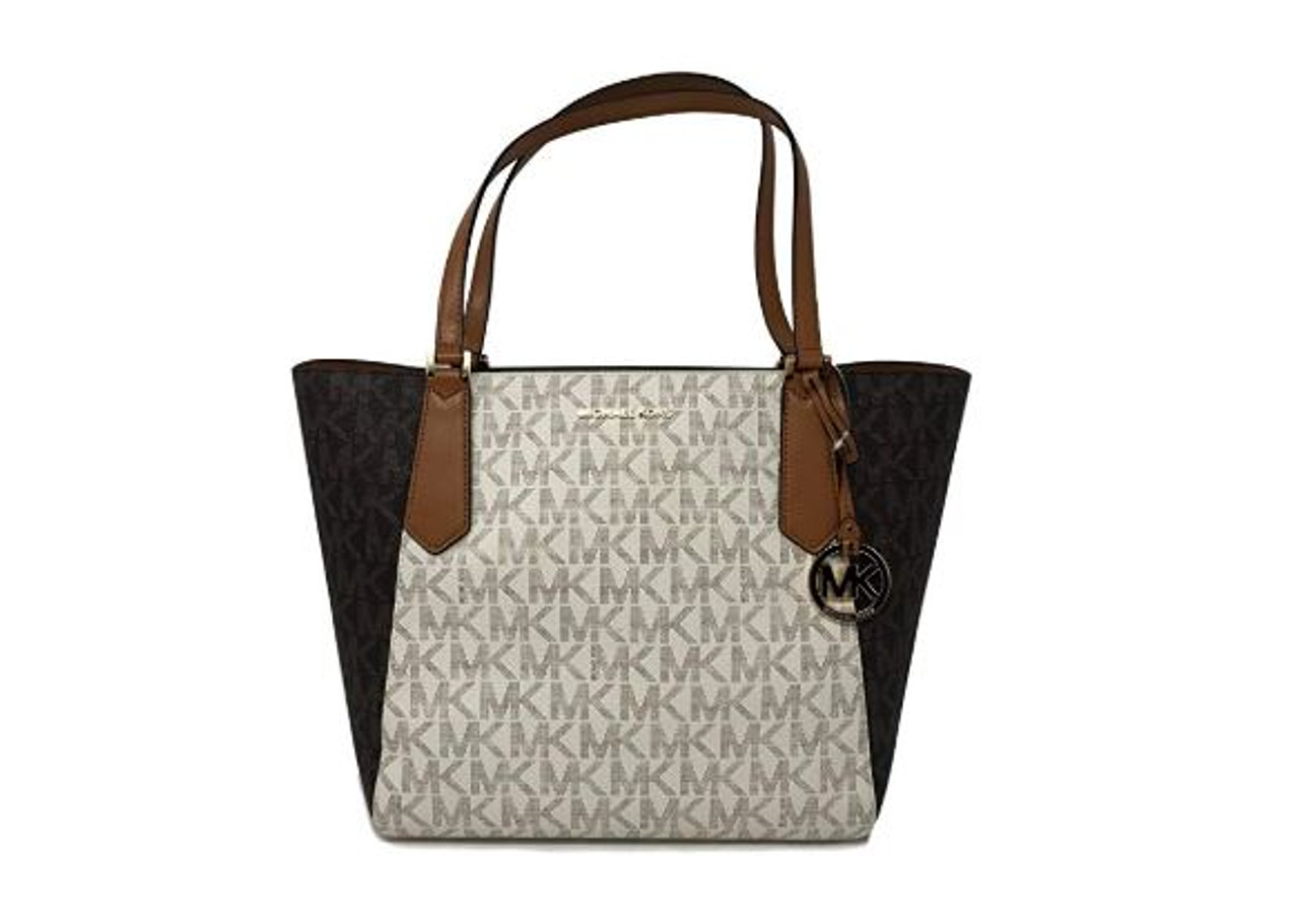 Michael Kors Kimberly LG Bonded Signature Tote Bag in Vanilla/Brown/Acorn -  AllGlitters