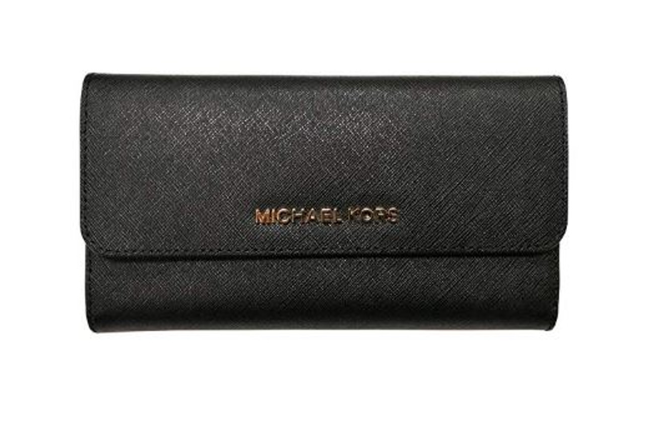 Michael Kors Jet Set Travel Large Saffiano Leather Trifold Wallet (Black)  35S8GTVF7L-001 - AllGlitters