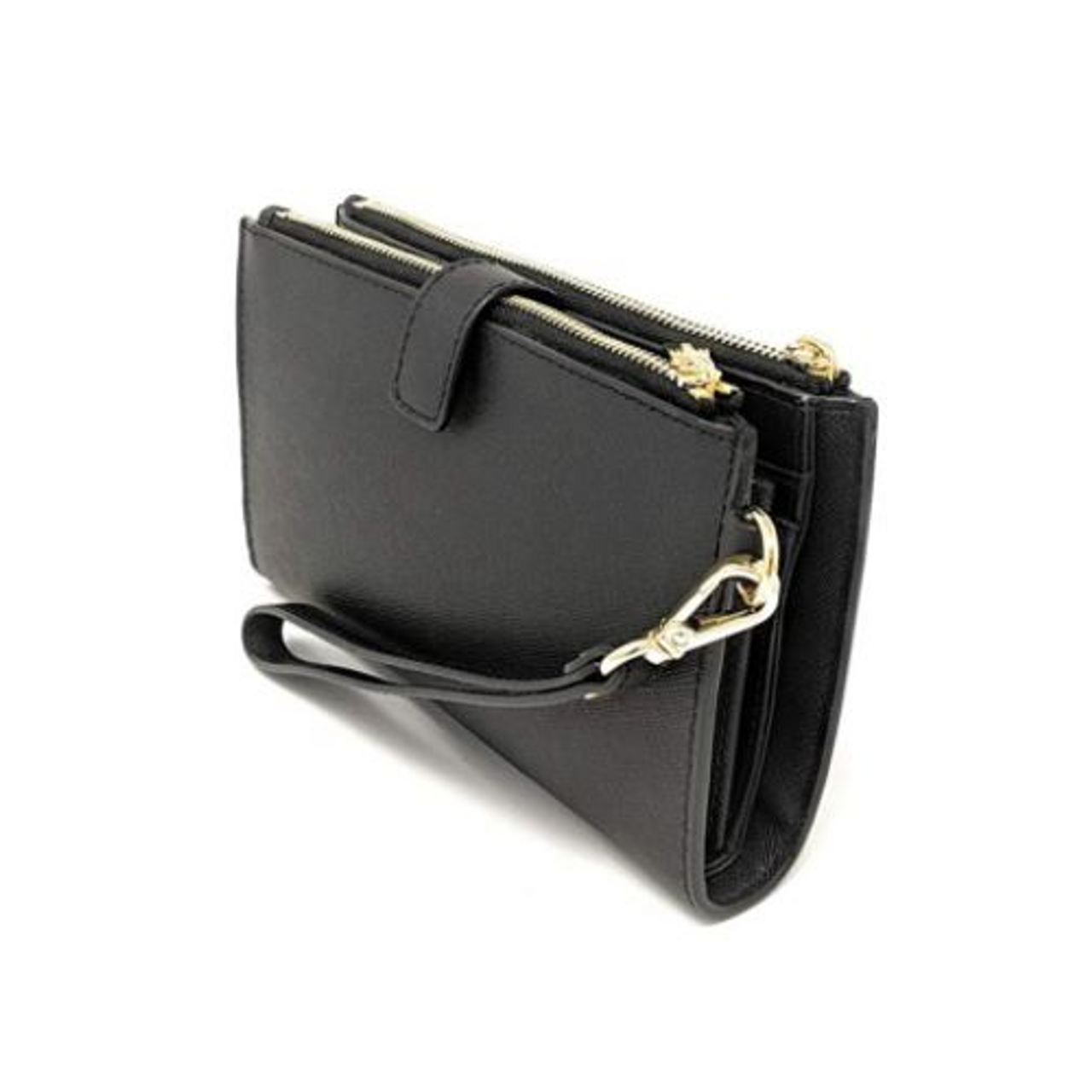 Michael Kors Saffiano Leather Double Zip Wallet Phone Case Wristlet Black  Gold